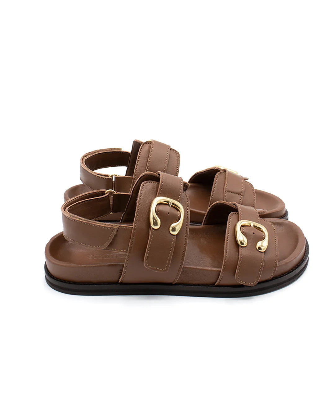 Flat Leather Buckle Sandals - Brown