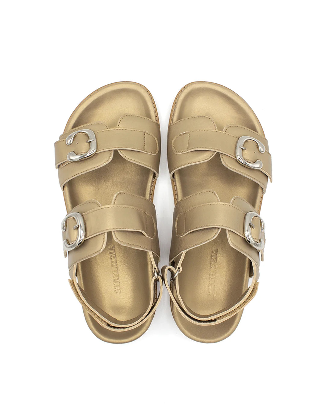 Flat Leather Buckle Sandals - Metallic