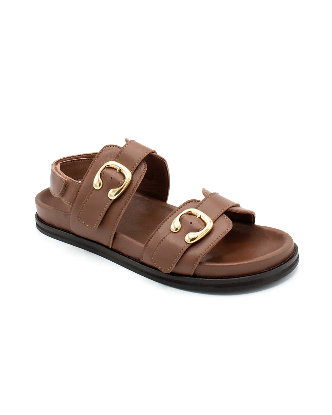 Flat Leather Buckle Sandals - Brown