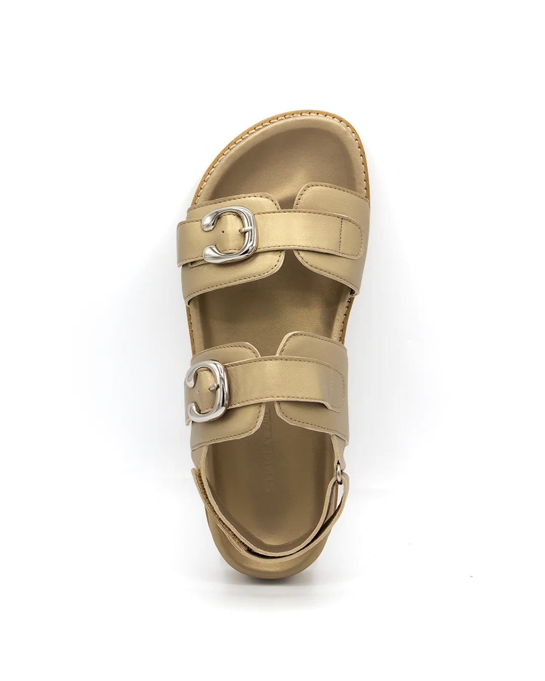 Flat Leather Buckle Sandals - Metallic