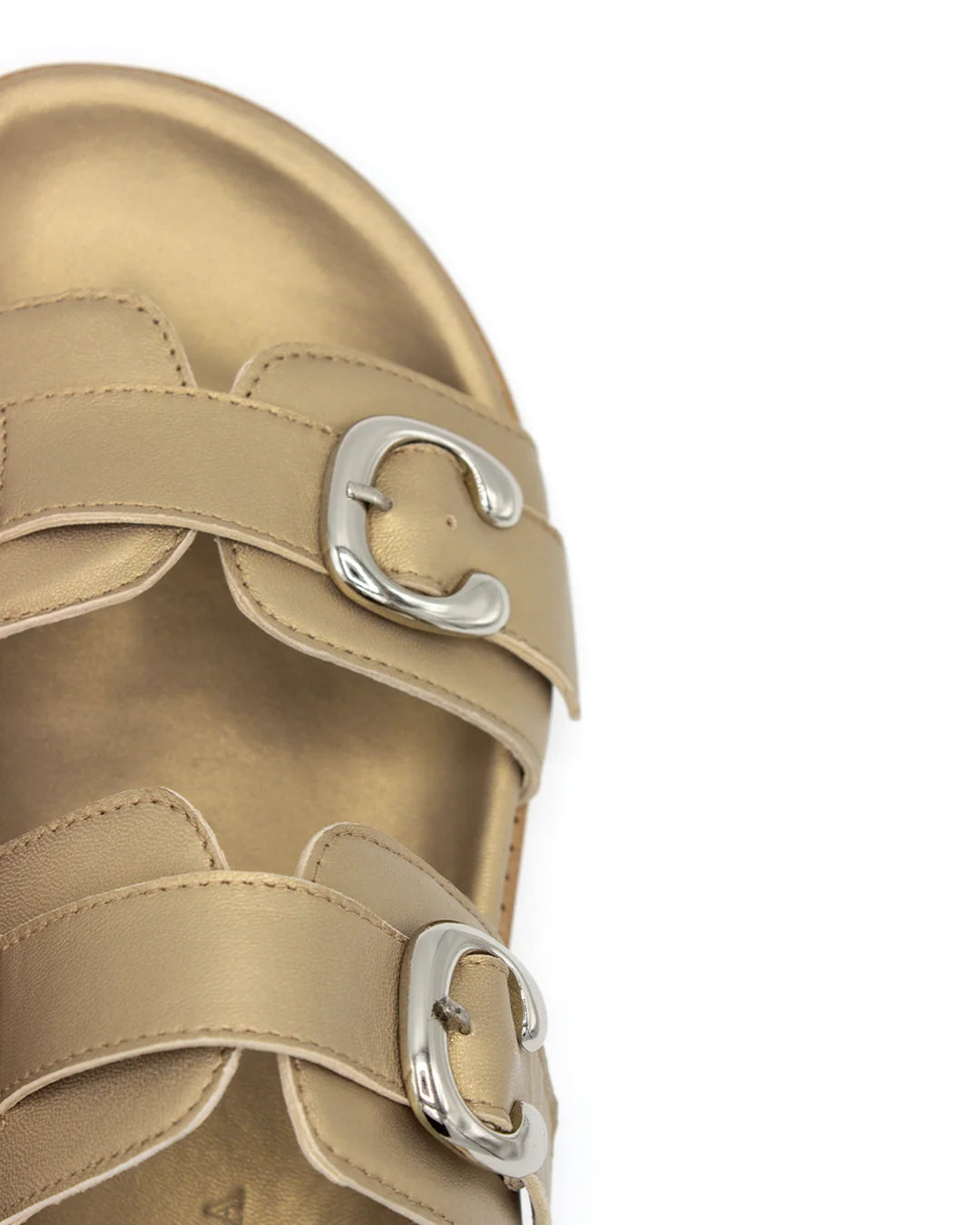 Flat Leather Buckle Sandals - Metallic