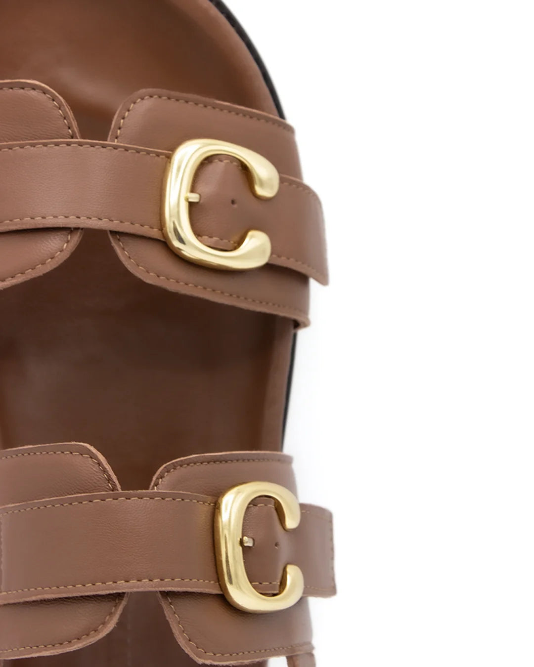 Flat Leather Buckle Sandals - Brown