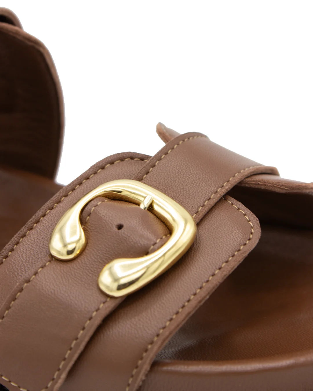 Flat Leather Buckle Sandals - Brown