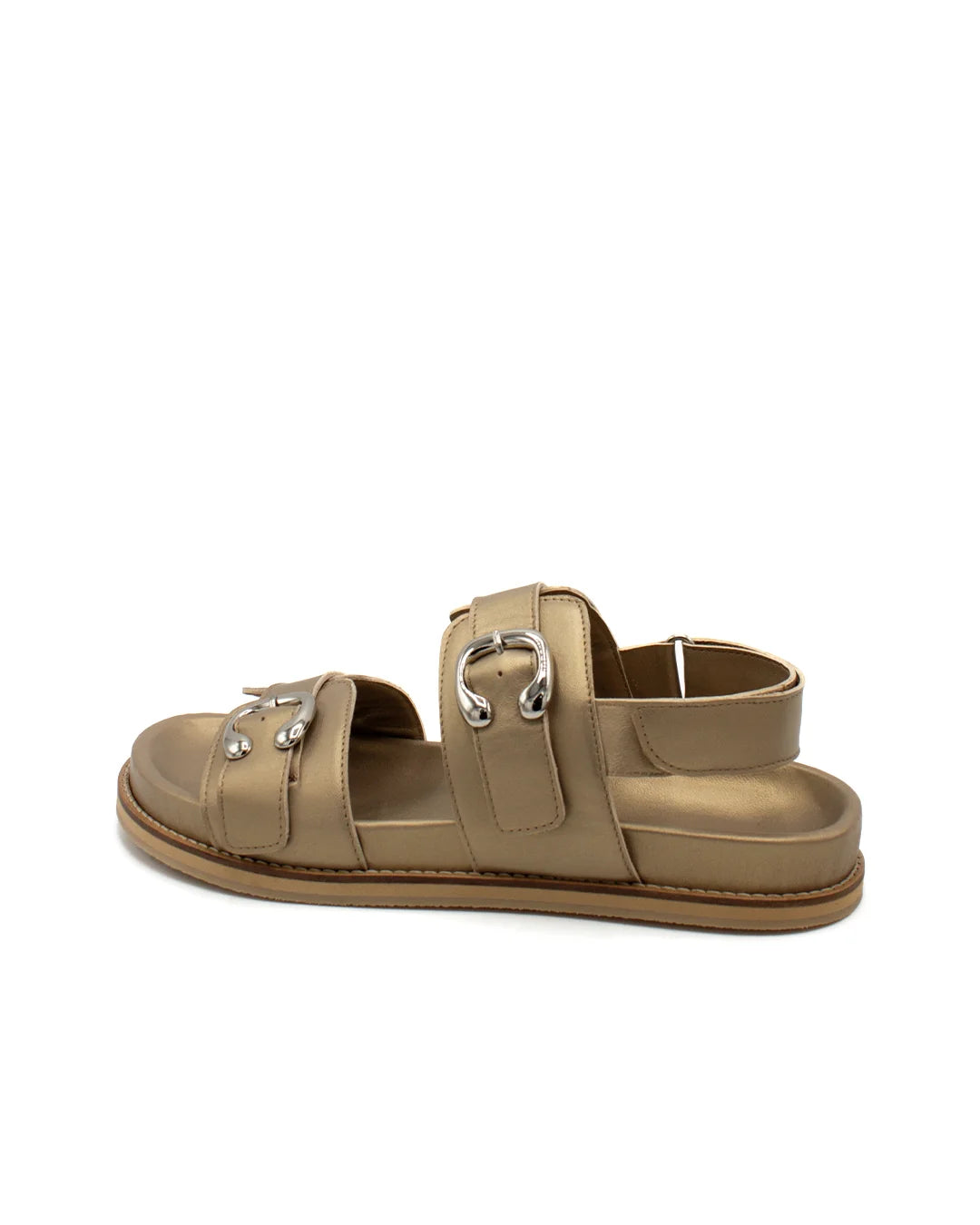 Flat Leather Buckle Sandals - Metallic