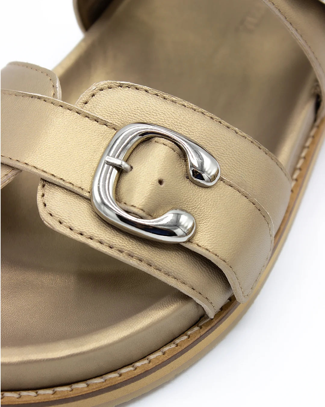 Flat Leather Buckle Sandals - Metallic