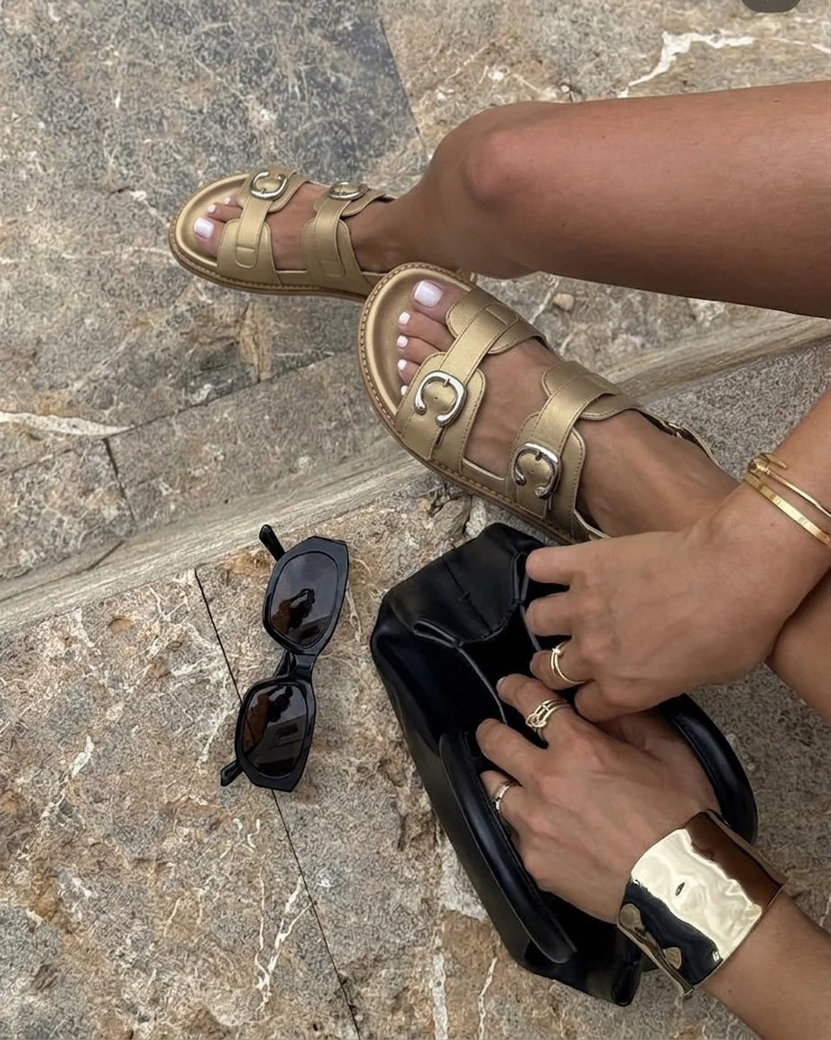 Flat Leather Buckle Sandals - Metallic